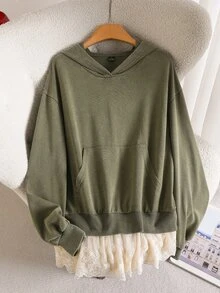Story & Sage Casual Home Vacation Women's Sweatshirt Summer Autumn Loose Fit Army Green Sweatshirt Lace Patchwork Sweatshirt Washed Snowflake Effect Sweatshirt Pocket Sweatshirt Hooded Sweatshirt Long Sleeve Sweatshirt - Army Green - View 3