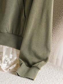 Story & Sage Casual Home Vacation Women's Sweatshirt Summer Autumn Loose Fit Army Green Sweatshirt Lace Patchwork Sweatshirt Washed Snowflake Effect Sweatshirt Pocket Sweatshirt Hooded Sweatshirt Long Sleeve Sweatshirt - Army Green - View 5
