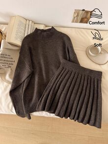 Story & Sage Casual Versatile Solid Color Sweater Knitted Pleated Skirt 2 Pieces Set Women Fall Winter Sweater 2 Pieces Set Brunch School Dark Brown Office Outfits - Brown - View 1