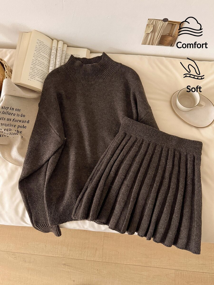 Story & Sage Casual Versatile Solid Color Sweater Knitted Pleated Skirt 2 Pieces Set Women Fall Winter Sweater 2 Pieces Set Brunch School Dark Brown Office Outfits - Brown - View 1