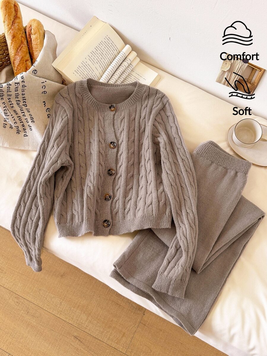 Story & Sage Women's Solid Color Long Sleeve Top And Pants Knit Two Pieces Set - Apricot - View 1