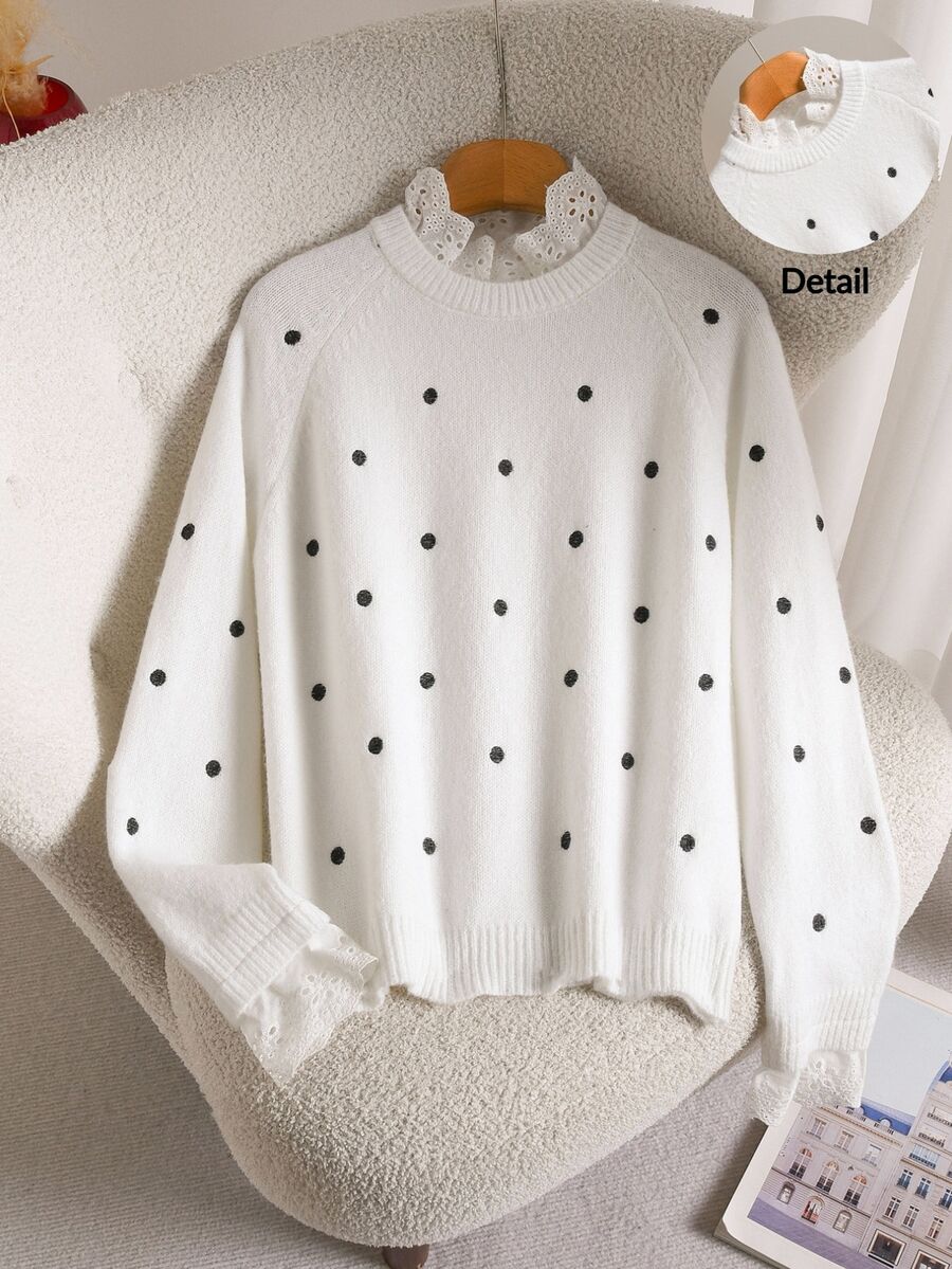 Story & Sage Damen Polka-Dot-Muster Raglan Langarm Lässig Romantisch Elegant Lockerer Pullover Brunch Date Night Weiß und Schwarz Polka-Dot Herbst - Schwarz und Weiss - Übersicht 1