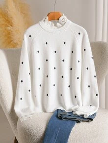 Story & Sage Damen Polka-Dot-Muster Raglan Langarm Lässig Romantisch Elegant Lockerer Pullover Brunch Date Night Weiß und Schwarz Polka-Dot Herbst - Schwarz und Weiss - Übersicht 4