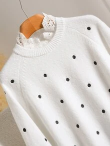 Story & Sage Damen Polka-Dot-Muster Raglan Langarm Lässig Romantisch Elegant Lockerer Pullover Brunch Date Night Weiß und Schwarz Polka-Dot Herbst - Schwarz und Weiss - Übersicht 5