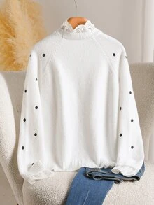 Story & Sage Damen Polka-Dot-Muster Raglan Langarm Lässig Romantisch Elegant Lockerer Pullover Brunch Date Night Weiß und Schwarz Polka-Dot Herbst - Schwarz und Weiss - Übersicht 2