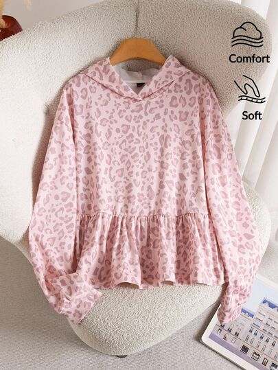 CosyJoli Women's Casual Cute Home Leopard Print Hooded Sweatshirt Dress, Loose Fit, Long Sleeve, Pink Leopard Print, Fall, Everyday Hoddies