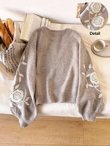 Story & Sage Women's Floral Embroidered Pattern Casual Romantic Vintage Daily Everyday High Tea Long Sleeve Sweater Khaki Fall - Grey - View 1