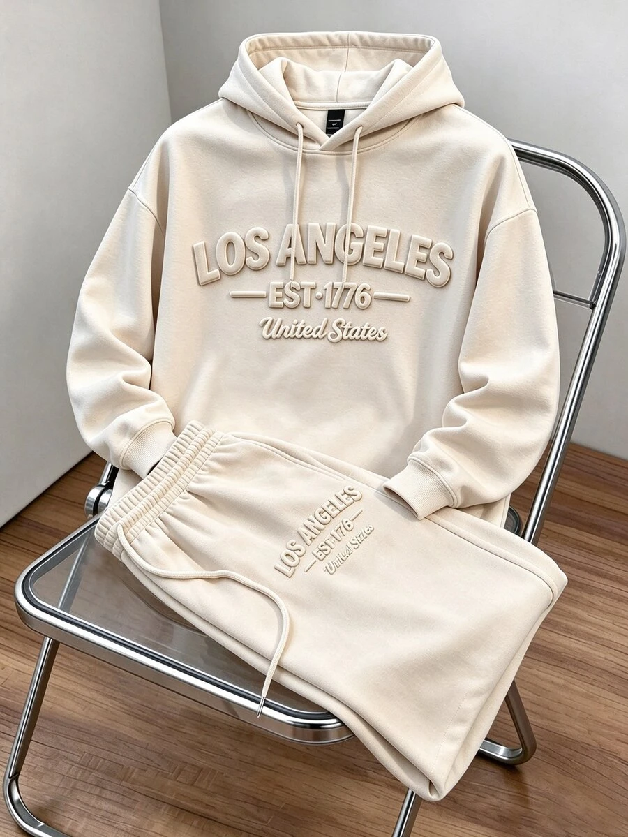 Daypath Men's Letter Embossed Hoodie & Sweatpants 2 Pieces Set - Apricot - View 1