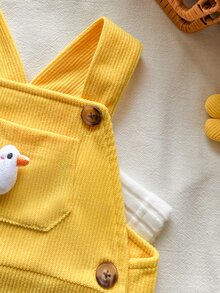 Vintaside Kids 2件組女嬰秋冬可愛小黃鴨3D毛絨吊帶褲與羅紋長袖內搭上衣套裝，韓系風格，抓絨，吸睛簡約舒適休閒百搭時尚，適合生日、度假與外出穿著 - 黃色 - 查看 8