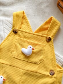 Vintaside Kids 2件組女嬰秋冬可愛小黃鴨3D毛絨吊帶褲與羅紋長袖內搭上衣套裝，韓系風格，抓絨，吸睛簡約舒適休閒百搭時尚，適合生日、度假與外出穿著 - 黃色 - 查看 7