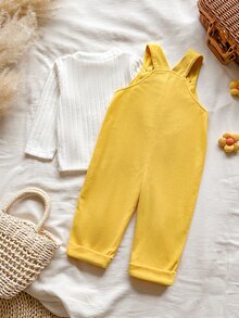 Vintaside Kids 2件組女嬰秋冬可愛小黃鴨3D毛絨吊帶褲與羅紋長袖內搭上衣套裝，韓系風格，抓絨，吸睛簡約舒適休閒百搭時尚，適合生日、度假與外出穿著 - 黃色 - 查看 2
