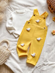 Vintaside Kids 2件組女嬰秋冬可愛小黃鴨3D毛絨吊帶褲與羅紋長袖內搭上衣套裝，韓系風格，抓絨，吸睛簡約舒適休閒百搭時尚，適合生日、度假與外出穿著 - 黃色 - 查看 5