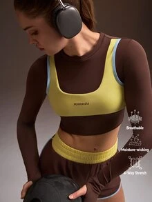 Powerista Colorblock Patchwork Slim Fit Cropped Sports T-Shirt Workout Chocolate Brown Light Yellow Long-Sleeve Faux-Layered Look Gym Autumn Athleisure - Brown - View 1