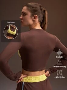 Powerista Colorblock Patchwork Slim Fit Cropped Sports T-Shirt Workout Chocolate Brown Light Yellow Long-Sleeve Faux-Layered Look Gym Autumn Athleisure - Brown - View 2