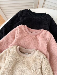 3套幼童女嬰衛衣長褲套裝 可愛粉色黑色杏色 毛茸茸絨毛羊羔絨 長袖圓領 加厚款 假日冬季秋季 - 彩色 - 查看 7