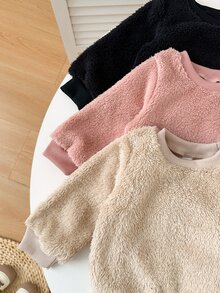 3套幼童女嬰衛衣長褲套裝 可愛粉色黑色杏色 毛茸茸絨毛羊羔絨 長袖圓領 加厚款 假日冬季秋季 - 彩色 - 查看 8