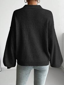 SHEIN LUNE 休闲圆领宽松针织衫，适合秋冬季节，法式风格，长袖上衣 - 黑色 - 查看 2