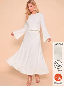 Amorya Women's Round Neck Flared Sleeve Top & A-Line Skirt Winter Fuzzy Soft 2 Pieces Set - White - View 3