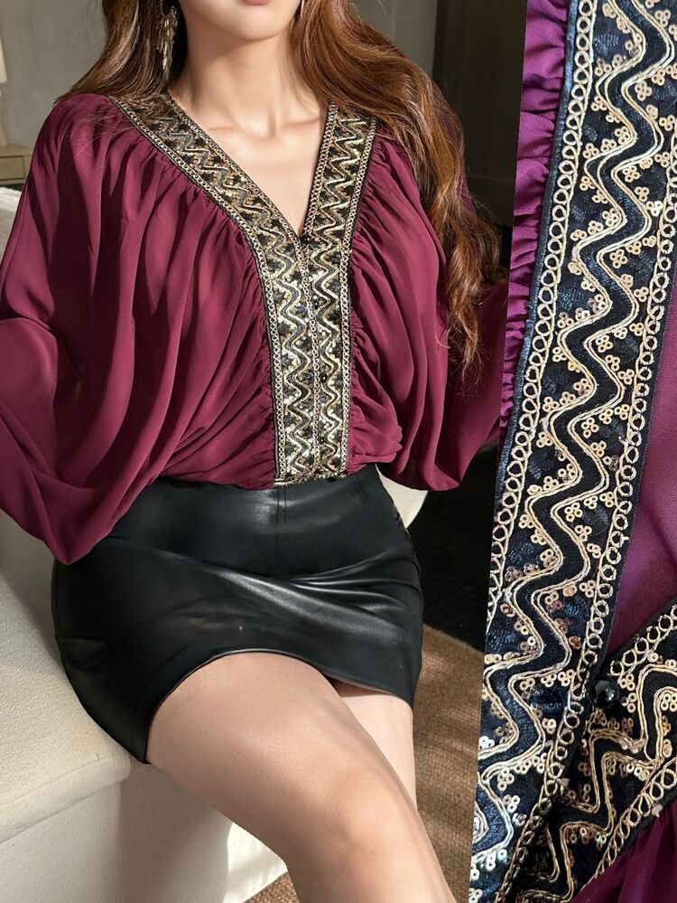 Vibekara Plus Size Purple Batwing Sleeve Shirt With Lace Trim Placket, Casual And Comfortable For Early Autumn - Red Violet - View 6