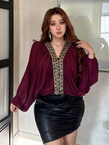 Vibekara Plus Size Purple Batwing Sleeve Shirt With Lace Trim Placket, Casual And Comfortable For Early Autumn - Red Violet - View 7