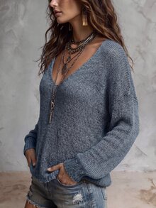 Solivie 女款度假休閒拼接色條紋露肩細肩帶針織衫 - 藍色 - 查看 6