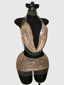Flirla Women's 2 Pieces Set, Women's Party Dress, Concert Outfit, Holiday Party Outfit, Fishnet With Rhinestone Embellishment, Sparkling, Perfect For Holiday Party Wear - Champagne - View 6