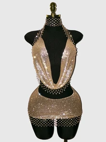 Flirla Women's 2 Pieces Set, Women's Party Dress, Concert Outfit, Holiday Party Outfit, Fishnet With Rhinestone Embellishment, Sparkling, Perfect For Holiday Party Wear - Champagne - View 5