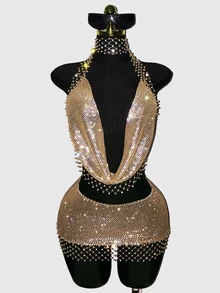 Flirla Women's 2 Pieces Set, Women's Party Dress, Concert Outfit, Holiday Party Outfit, Fishnet With Rhinestone Embellishment, Sparkling, Perfect For Holiday Party Wear - Champagne - View 3