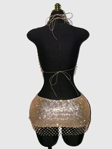 Flirla Women's 2 Pieces Set, Women's Party Dress, Concert Outfit, Holiday Party Outfit, Fishnet With Rhinestone Embellishment, Sparkling, Perfect For Holiday Party Wear - Champagne - View 2