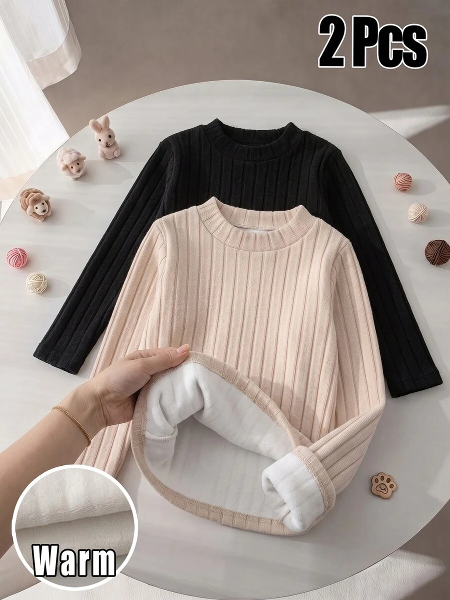 Elladie kids 2pcs Girls Mid-Neck Long Sleeve Fluffy Ribbed Fleece T-Shirt, Versatile For School And Daily Wear In Autumn/Winter - Multicolor - View 1