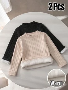 Elladie kids 2pcs Girls Mid-Neck Long Sleeve Fluffy Ribbed Fleece T-Shirt, Versatile For School And Daily Wear In Autumn/Winter - Multicolor - View 5