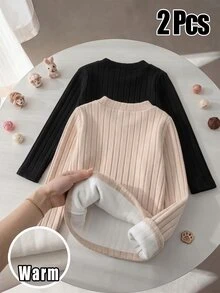 Elladie kids 2pcs Girls Mid-Neck Long Sleeve Fluffy Ribbed Fleece T-Shirt, Versatile For School And Daily Wear In Autumn/Winter - Multicolor - View 2