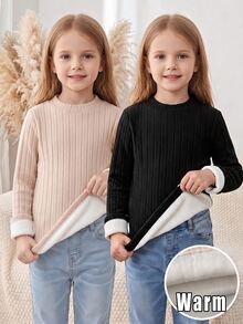 Elladie kids 2pcs Girls Mid-Neck Long Sleeve Fluffy Ribbed Fleece T-Shirt, Versatile For School And Daily Wear In Autumn/Winter - Multicolor - View 4
