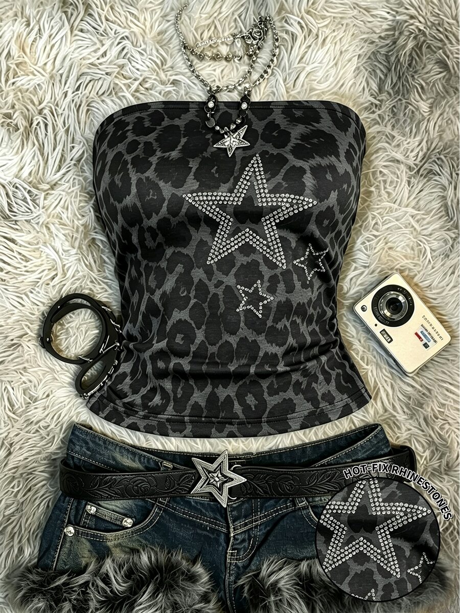 IslaSuriya 女款深灰色豹紋星星水鑽抹胸上衣，Y2K 90年代性感夏季穿搭上衣，優雅派對裝扮，送給朋友的禮物 - 彩色 - 查看 1