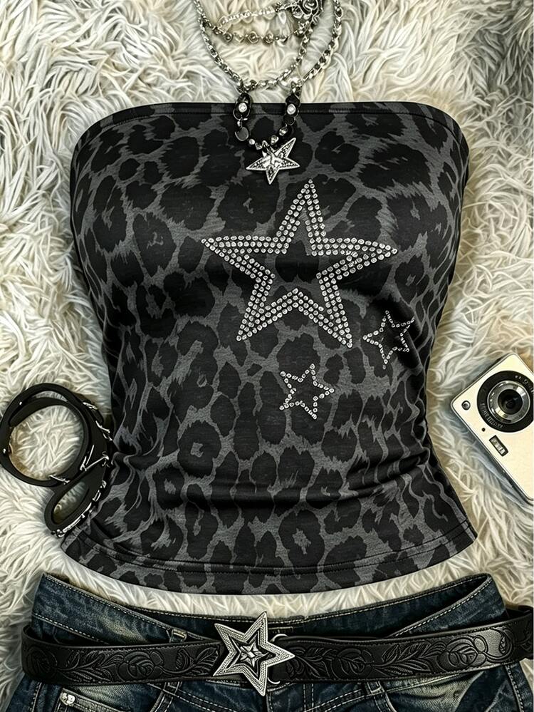 IslaSuriya Women's Dark Grey Leopard Star Rhinestone Tube Top, Y2K 90s Sexy Summer Outfits Top, Elegant Party Outfit, Gift For Friends - Multicolor - View 3