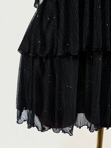 Mistrie New Stylish Women's Dress With Gold And Silver Thread Sequins, French-Style Multi-Layer Ruffle Hem, Halter Neck With Tie-Back. Metallic Sparkling Halt - Black - View 3