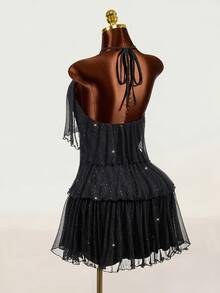 Mistrie New Stylish Women's Dress With Gold And Silver Thread Sequins, French-Style Multi-Layer Ruffle Hem, Halter Neck With Tie-Back. Metallic Sparkling Halt - Black - View 2