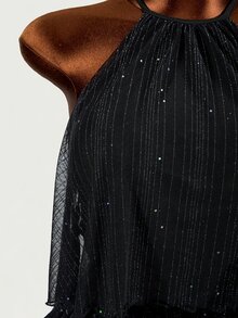 Mistrie New Stylish Women's Dress With Gold And Silver Thread Sequins, French-Style Multi-Layer Ruffle Hem, Halter Neck With Tie-Back. Metallic Sparkling Halt - Black - View 6