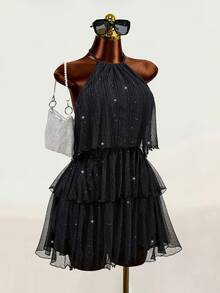 Mistrie New Stylish Women's Dress With Gold And Silver Thread Sequins, French-Style Multi-Layer Ruffle Hem, Halter Neck With Tie-Back. Metallic Sparkling Halt - Black - View 5
