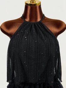 Mistrie New Stylish Women's Dress With Gold And Silver Thread Sequins, French-Style Multi-Layer Ruffle Hem, Halter Neck With Tie-Back. Metallic Sparkling Halt - Black - View 4