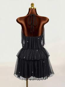 Mistrie New Stylish Women's Dress With Gold And Silver Thread Sequins, French-Style Multi-Layer Ruffle Hem, Halter Neck With Tie-Back. Metallic Sparkling Halt - Black - View 8
