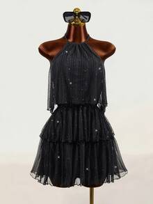 Mistrie New Stylish Women's Dress With Gold And Silver Thread Sequins, French-Style Multi-Layer Ruffle Hem, Halter Neck With Tie-Back. Metallic Sparkling Halt - Black - View 7