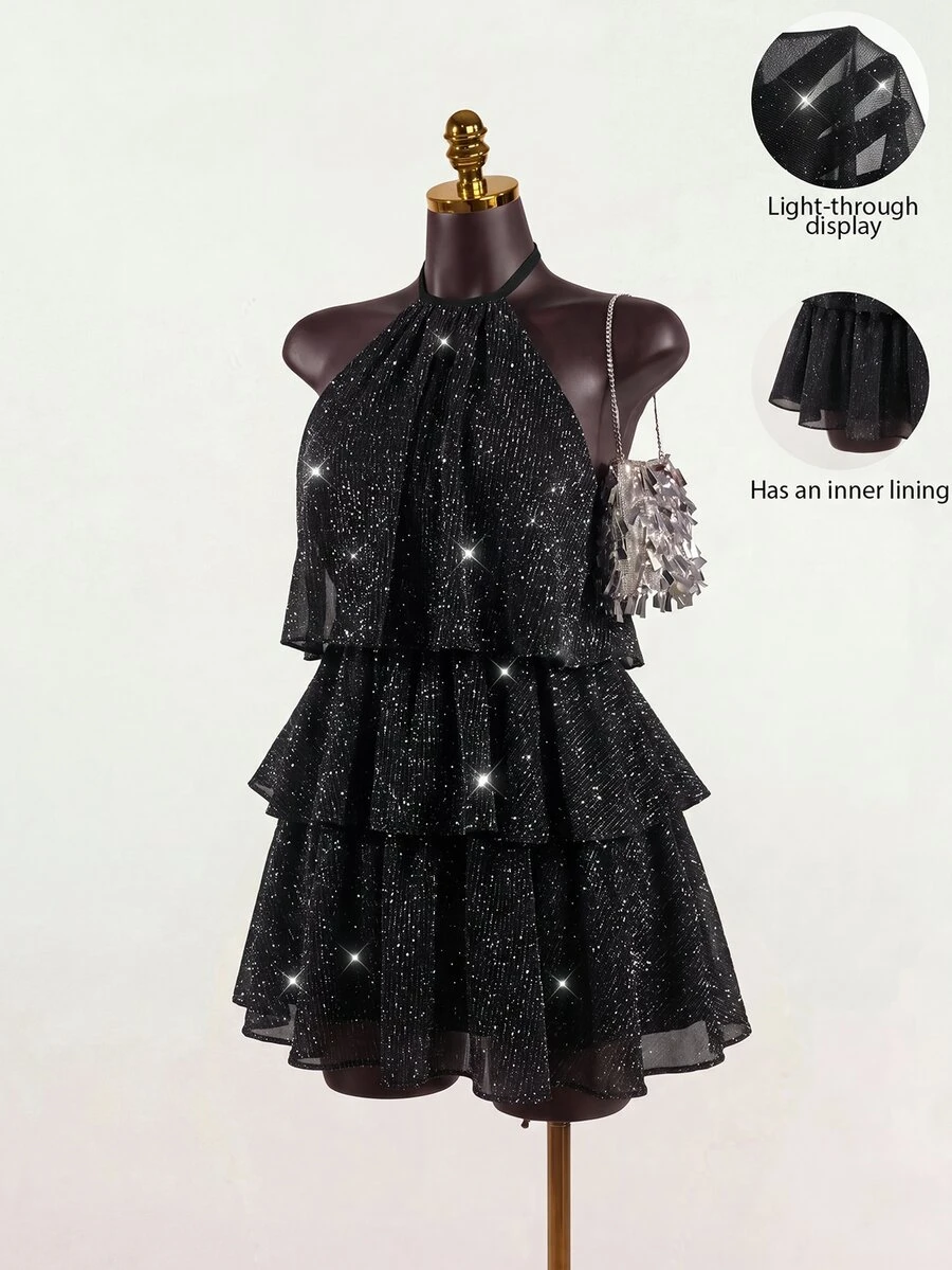 Mistrie New Stylish Women's Dress With Gold And Silver Thread Sequins, French-Style Multi-Layer Ruffle Hem, Halter Neck With Tie-Back. Metallic Sparkling Halt - Black - View 1