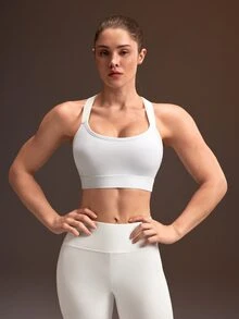 Powerista 女款純色露背運動內衣 黑白配色休閒端莊運動風 中等支撐工字背上衣 適合跑步健身房 秋季日常健身 - 黑與白 - 查看 8