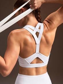 Powerista 女款純色露背運動內衣 黑白配色休閒端莊運動風 中等支撐工字背上衣 適合跑步健身房 秋季日常健身 - 黑與白 - 查看 6