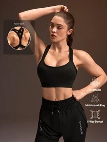 Powerista 女款純色露背運動內衣 黑白配色休閒端莊運動風 中等支撐工字背上衣 適合跑步健身房 秋季日常健身 - 黑與白 - 查看 3