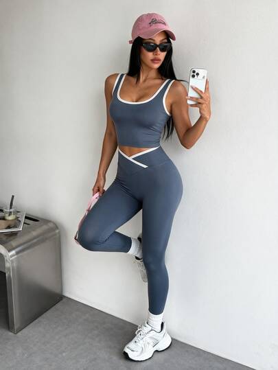 Dewbera Dewbera 女士对比色绑带重叠腰瑜伽运动服套装健身套装两件套瑜伽套装健身房两件套女士运动套装