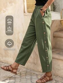 EMERY ROSE Women Casual Daily Wear Side Button Straight Pants - Army Green - View 7