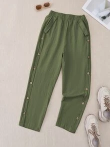 EMERY ROSE Women Casual Daily Wear Side Button Straight Pants - Army Green - View 3