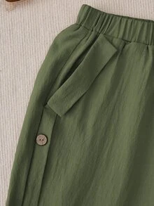 EMERY ROSE Women Casual Daily Wear Side Button Straight Pants - Army Green - View 4